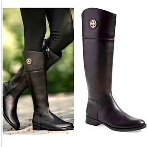 Black Leather Riding Boots with Gold Logo Tory Burch boots tall black boots